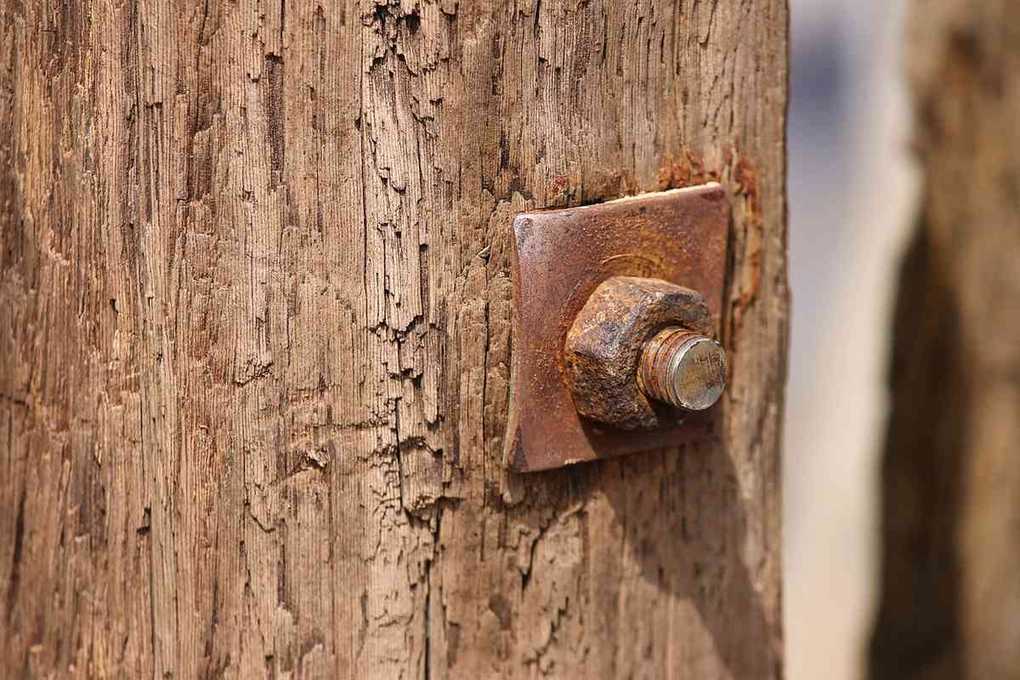 Clou et écrou rouillés sur bois craquelé Clou et écrou rouillés sur bois craquelé