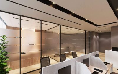 Bureau contemporain avec postes de travail écrans chaises ergonomiques cloisons verre